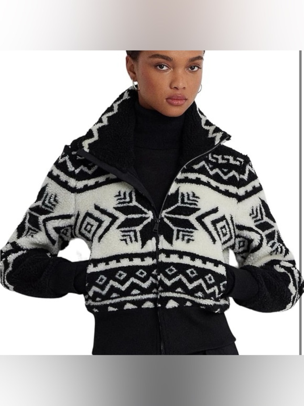 Lauren Ralph Lauren Fair Isle Jacquard Fleece Mockneck Coat
